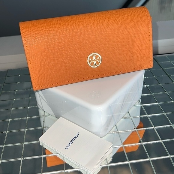 Tory Burch Crossgrain Orange Leather Large Sunglasses Case Clutch NEW